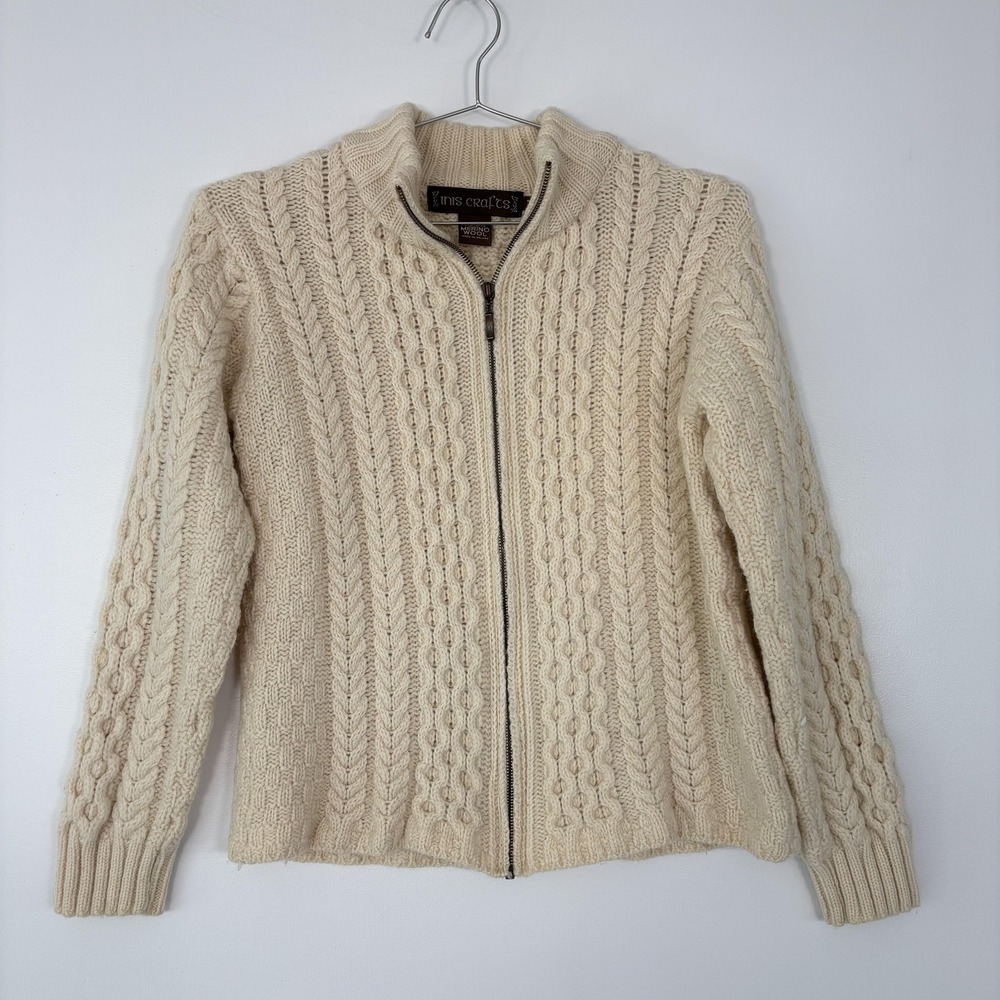 Inis Crafts Sweater Womens Medium‎ Cream Merino Wool Full Zip Cable Knit Ireland